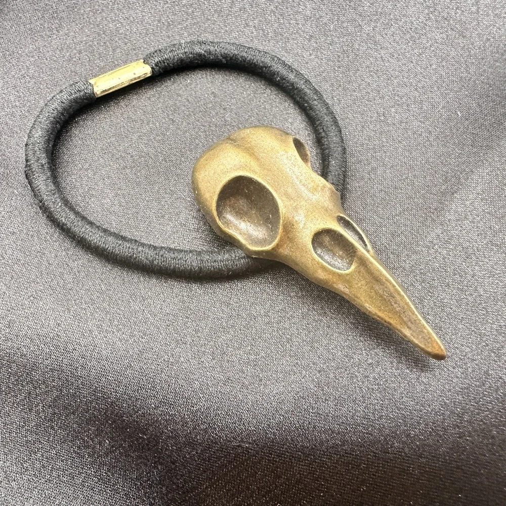 Vintage Y2K Bronze Tone Crow Skull Up Elastic Hair Band Halloween Hair Accessory